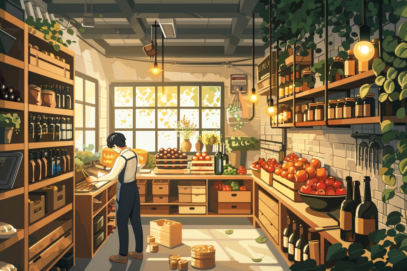 Épicerie animée avec vendeur et légumes frais.
