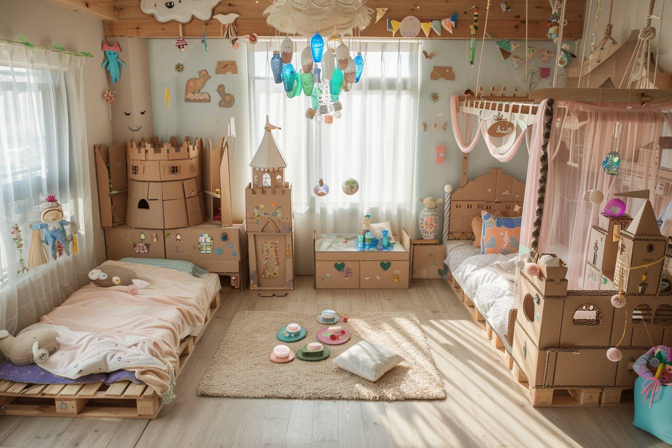 Chambre d'enfant féérique décorée avec des matériaux recyclés, illustrant des idées créatives pour éveiller l'imaginaire